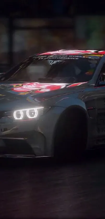 Sleek racing car with neon lights on a dark road at night.