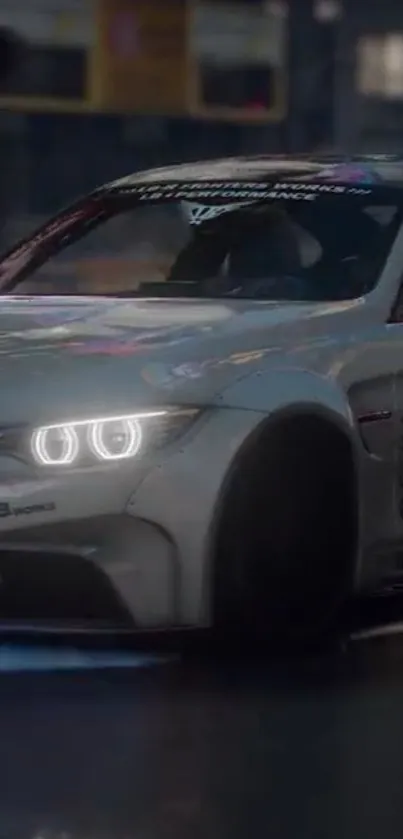 Sleek white racing car with lights on, in an urban setting.