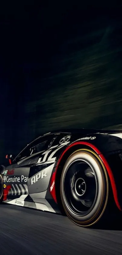 Sleek racing car speeding on dark background wallpaper.