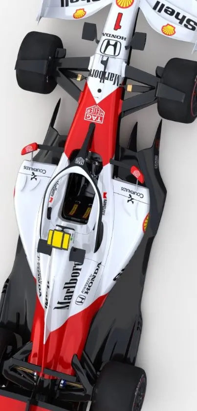 Top view of a sleek racing car in red and white.