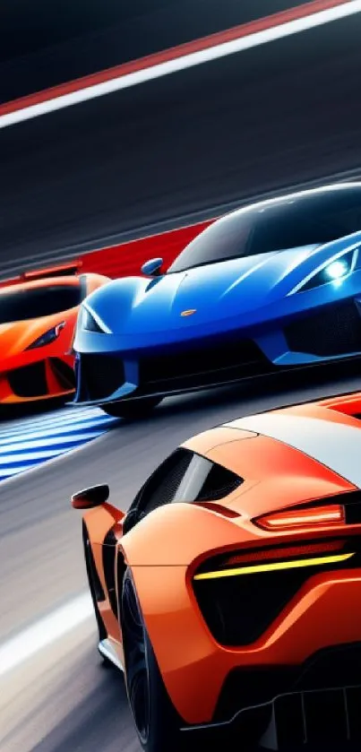 Three vibrant racing cars speed along a track in dynamic motion.