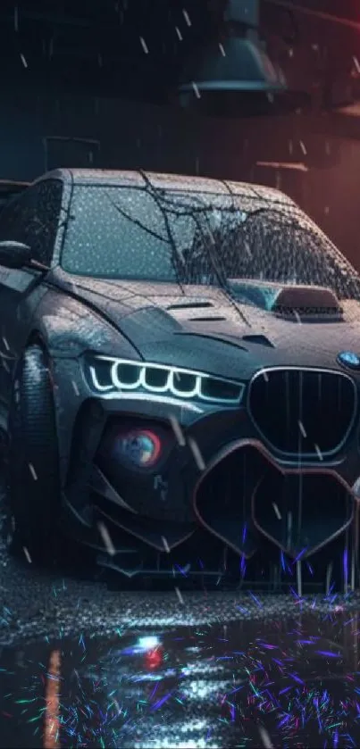 Black sports car in the rain with glowing lights at night.