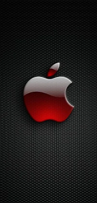 Red and white Apple logo on black textured background.