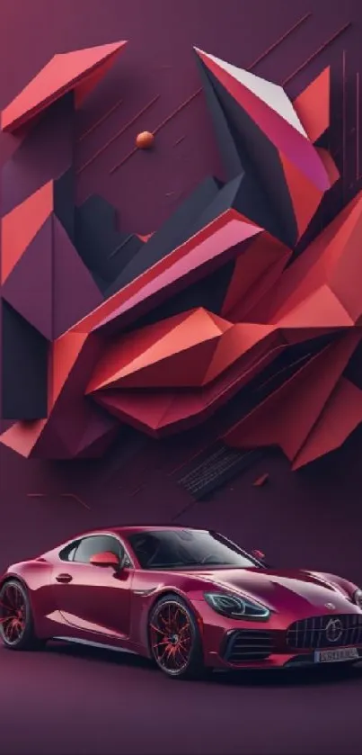 Abstract art with a sleek red car, geometric design.