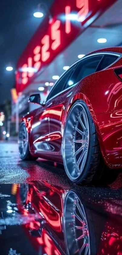 Sleek red sports car reflecting under urban lights at night.