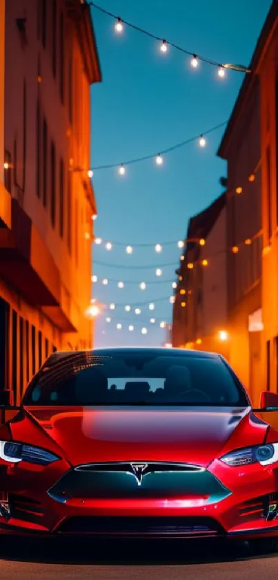 Sleek red car in a beautifully lit alley at night.