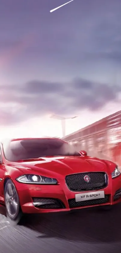 Red sports car speeding through cityscape in dynamic motion.