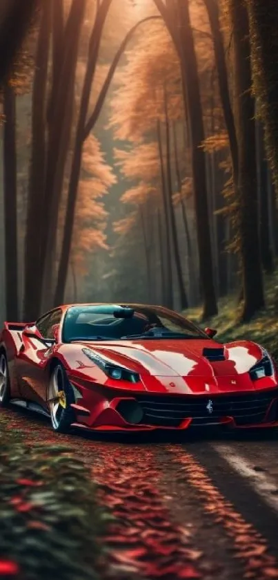 Red sports car driving through an autumn forest.