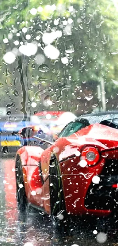 Sleek red sports car in the rain with trees in the background.