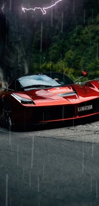 Sleek red car in rain on a winding road with lush greenery.