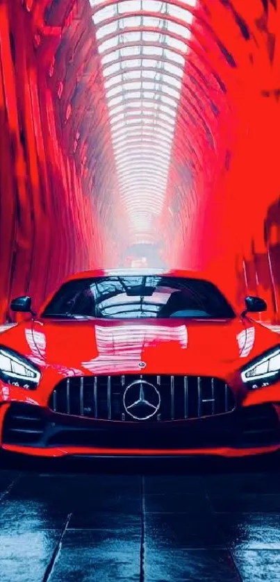 Sleek red sports car in a vibrant tunnel setting.