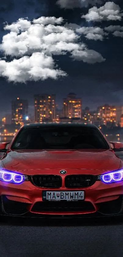 Red car with glowing lights against city skyline at night.