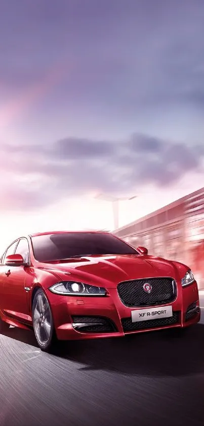 Dynamic red car speeding on an urban highway background.