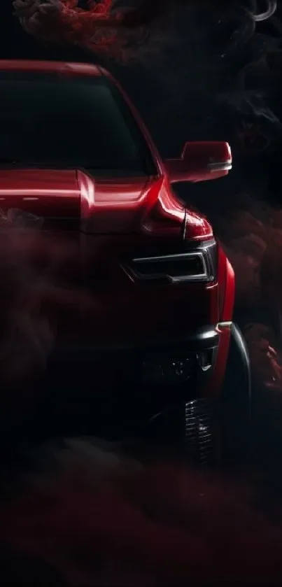 Sleek red car with smoke in dark wallpaper.