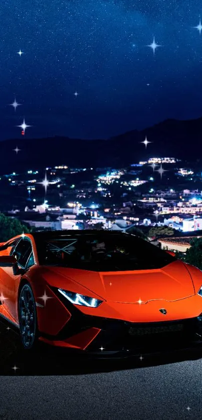 Red sports car under a starry night sky with city lights.