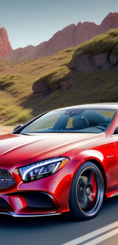 Red Mercedes car on scenic mountain road.