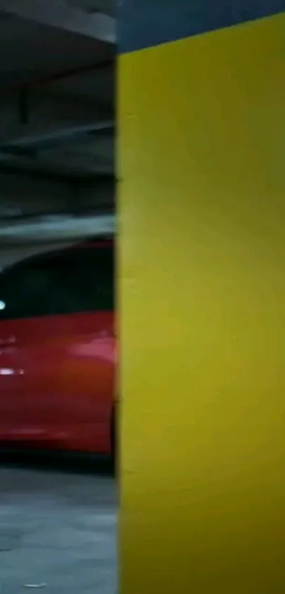 Red car beside yellow wall in a parking garage wallpaper.