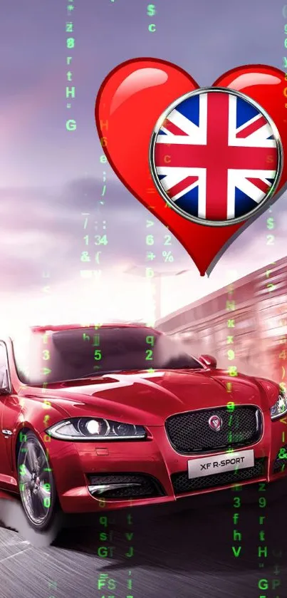 Red sports car with Union Jack heart, digital matrix background.