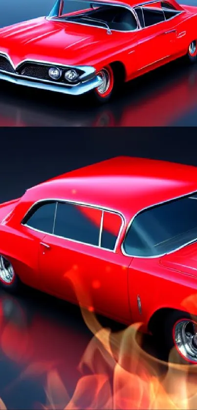 Vibrant red classic car on a sleek gray background