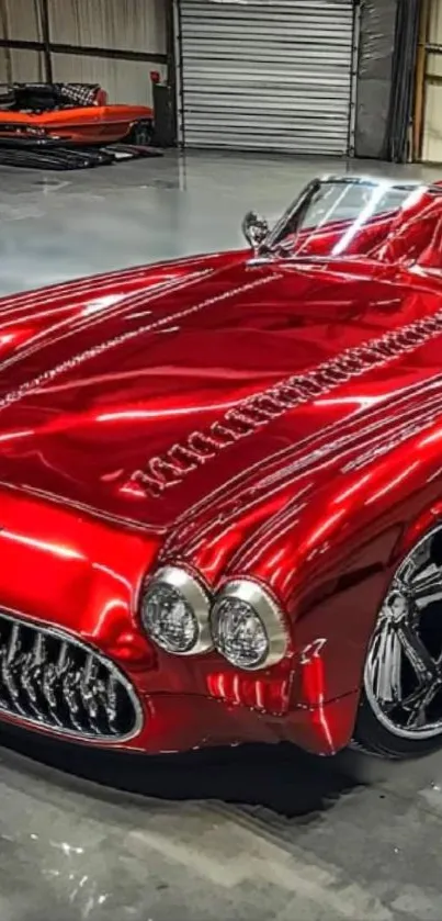 Vibrant red classic car parked in a garage.