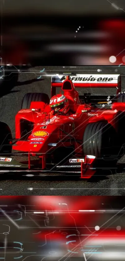 Dynamic red Formula 1 car racing on track wallpaper.