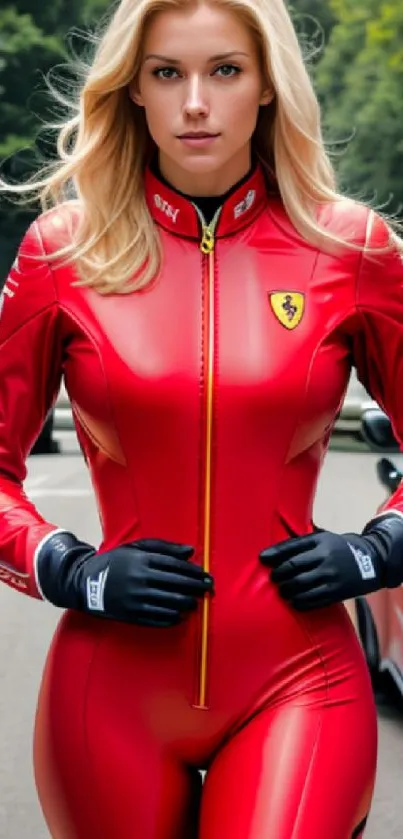 Blonde woman in red Ferrari race suit on a forest road.