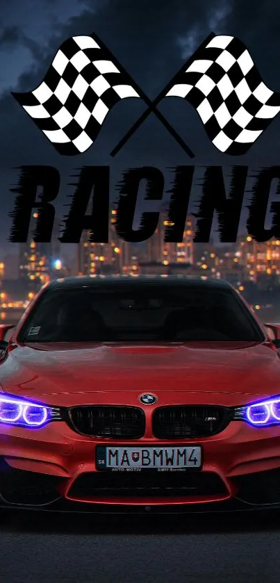 Dynamic red racing car with city skyline backdrop.