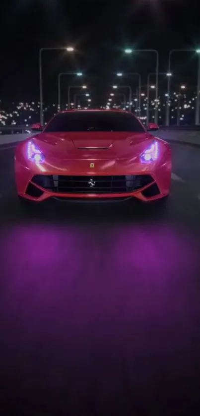 Red sports car speeding under city lights at night with purple glow on the road.