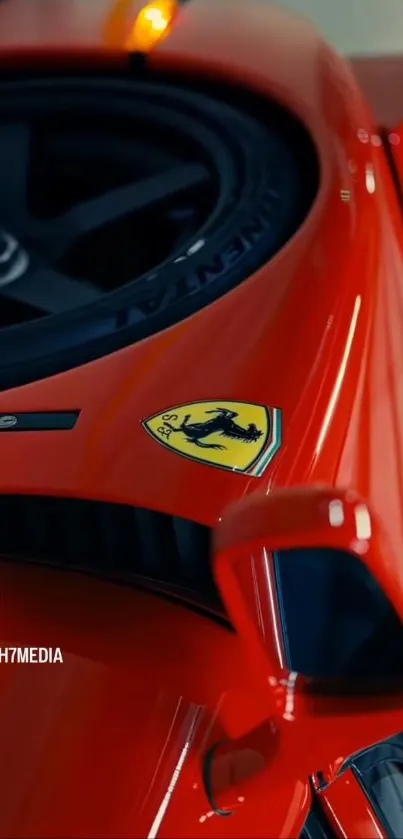 Close-up of a red Ferrari sports car with detailed design.