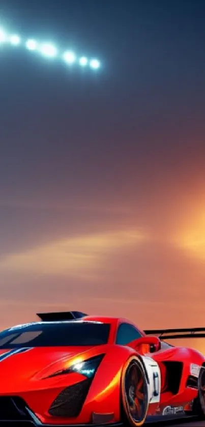 Vibrant red sports car at sunset with a sleek, aerodynamic design on a bright road.