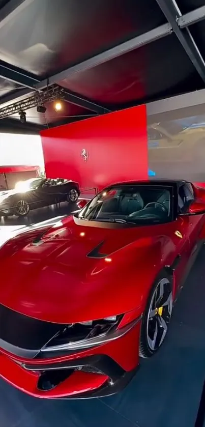 A sleek red sports car displayed in a modern showroom.