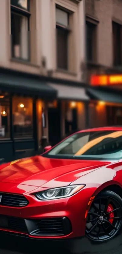 Sleek red sports car on urban street background, perfect for wallpaper.