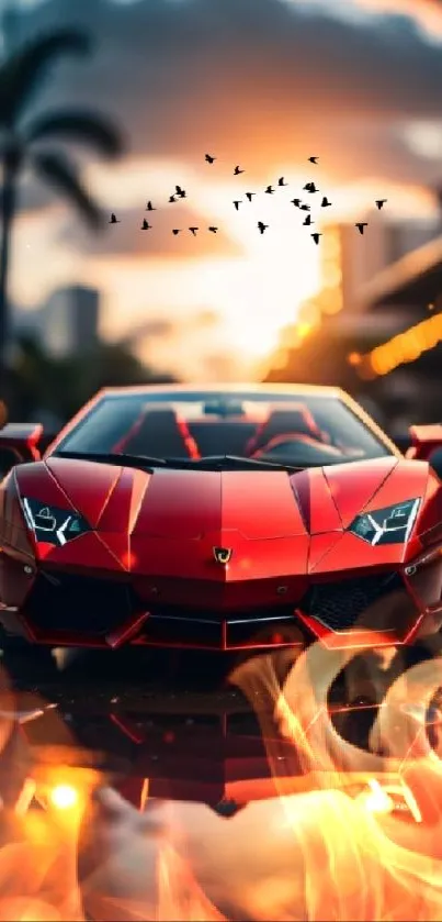 Red sports car at sunset with city reflections and birds.
