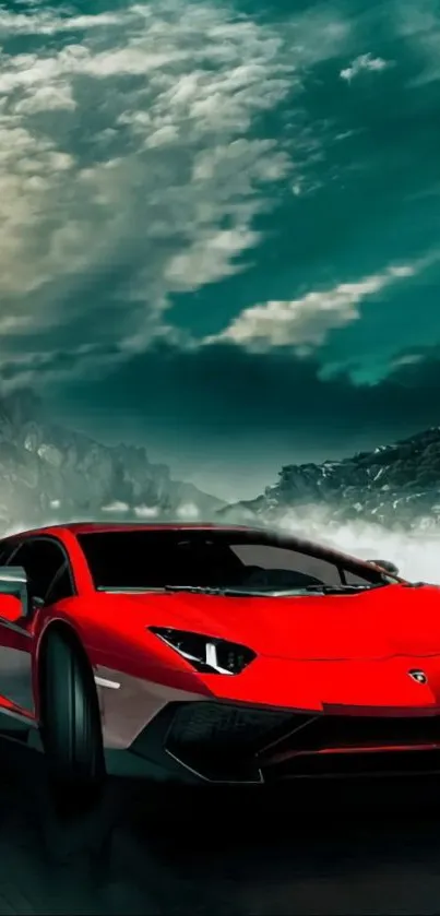 A sleek red sports car racing under dramatic skies.