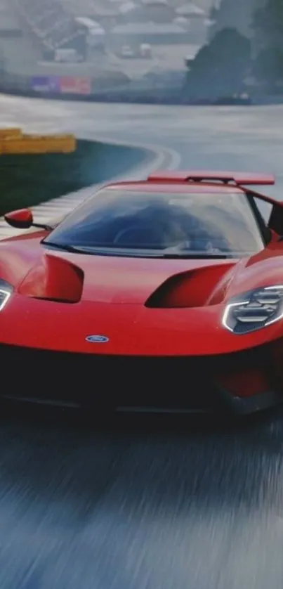 Red sports car speeding on a rain-soaked track.