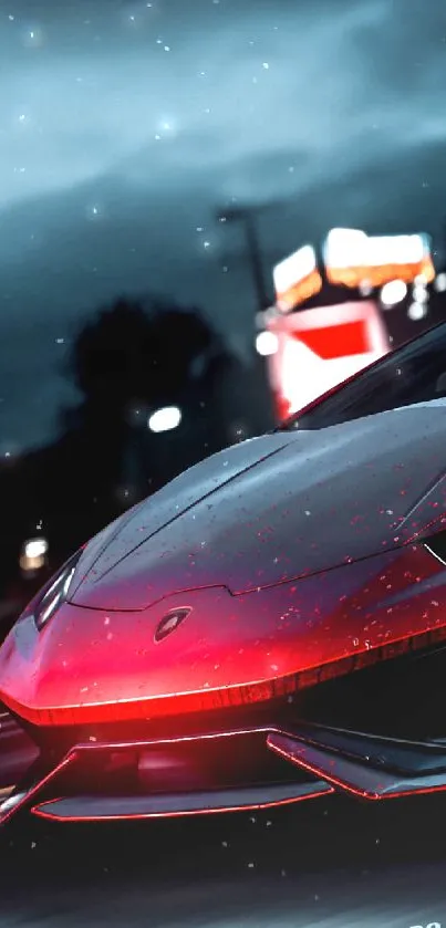 Sleek red sports car racing through the city at night.