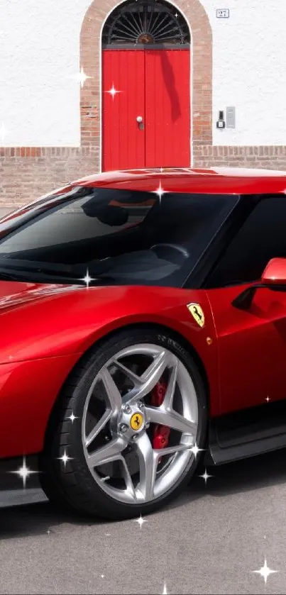 Red Ferrari sports car parked in front of a white building with red shutters.