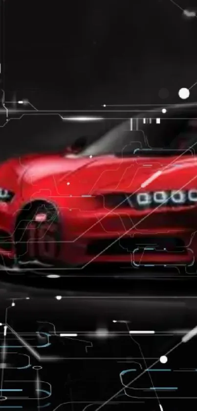 Sleek red sports car with digital patterns on a dark background.