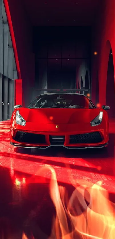 Luxurious red sports car in a modern hallway.