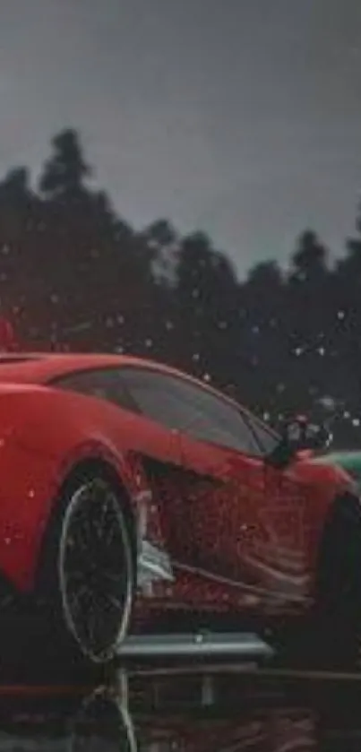 Red sports car parked under a rainy night sky with glowing lights.