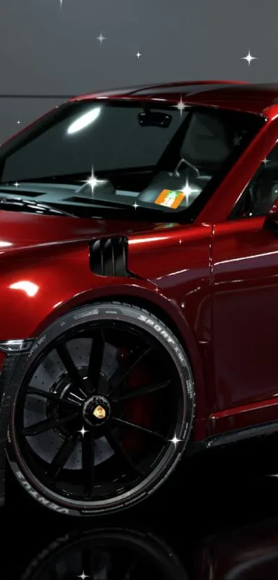 Glossy red sports car with sleek black wheels.