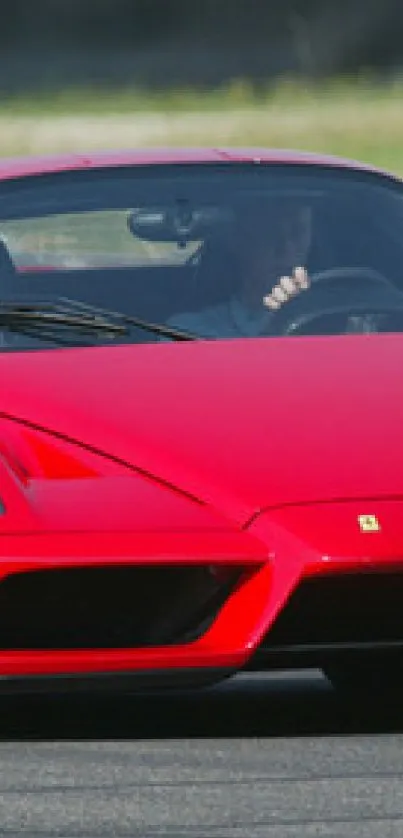 Sleek red sports car on the track, showcasing speed and luxury.