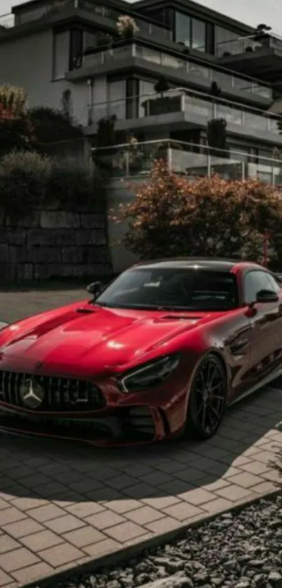 Red sports car on driveway with modern house backdrop.