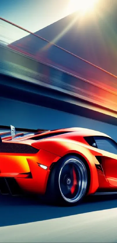 Red sports car speeding on a track with vibrant colors.