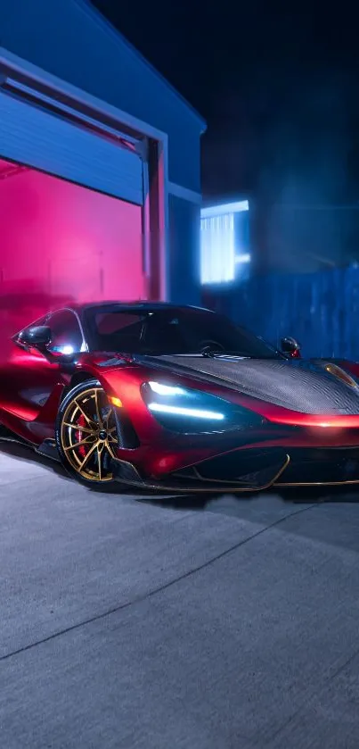 Sleek red sports car in neon lights background.