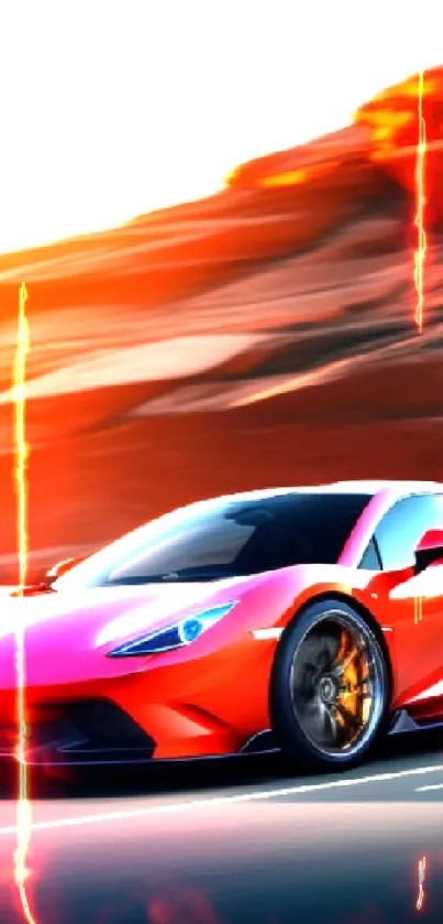 Sleek red sports car on desert highway under bright sky.