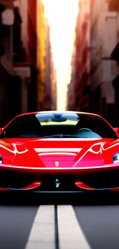 Red sports car in urban street with sunset glow.