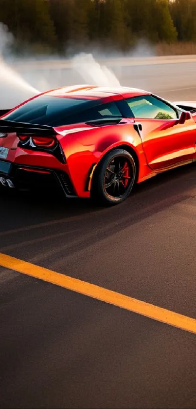 Stunning red sports car on road, leaving a trail of smoke.