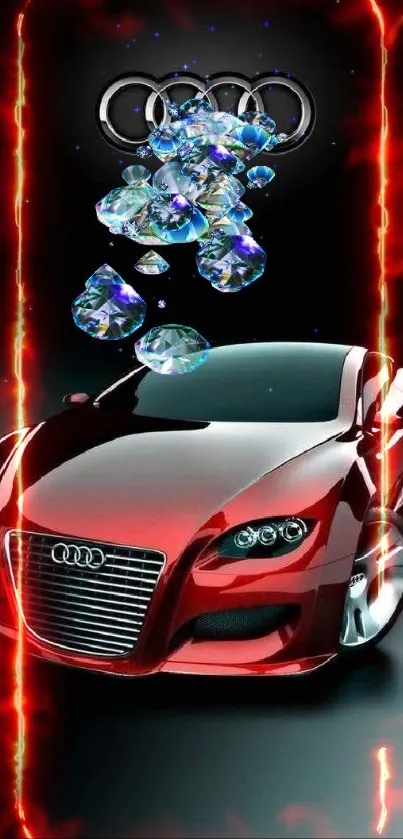 Futuristic red sports car with Audi logo on black background wallpaper.