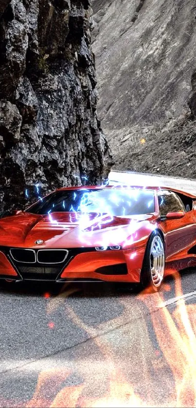 Red sports car on a winding mountain road.